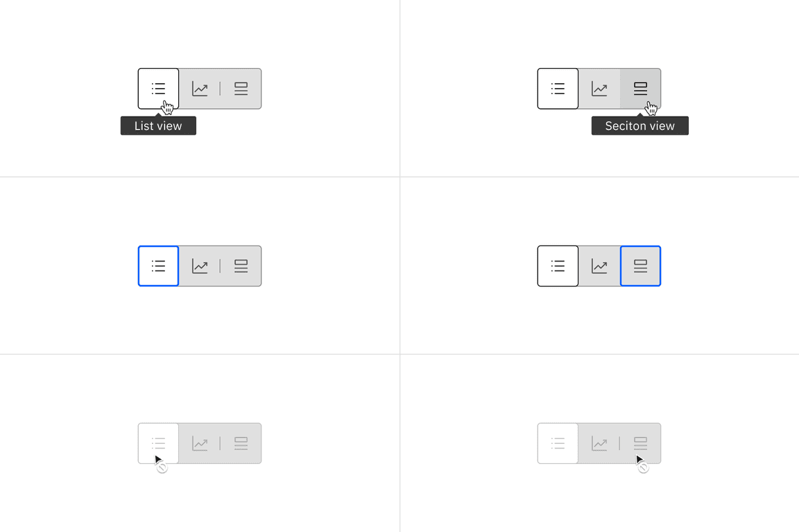 Example of icon content switcher low contrast interactive state color