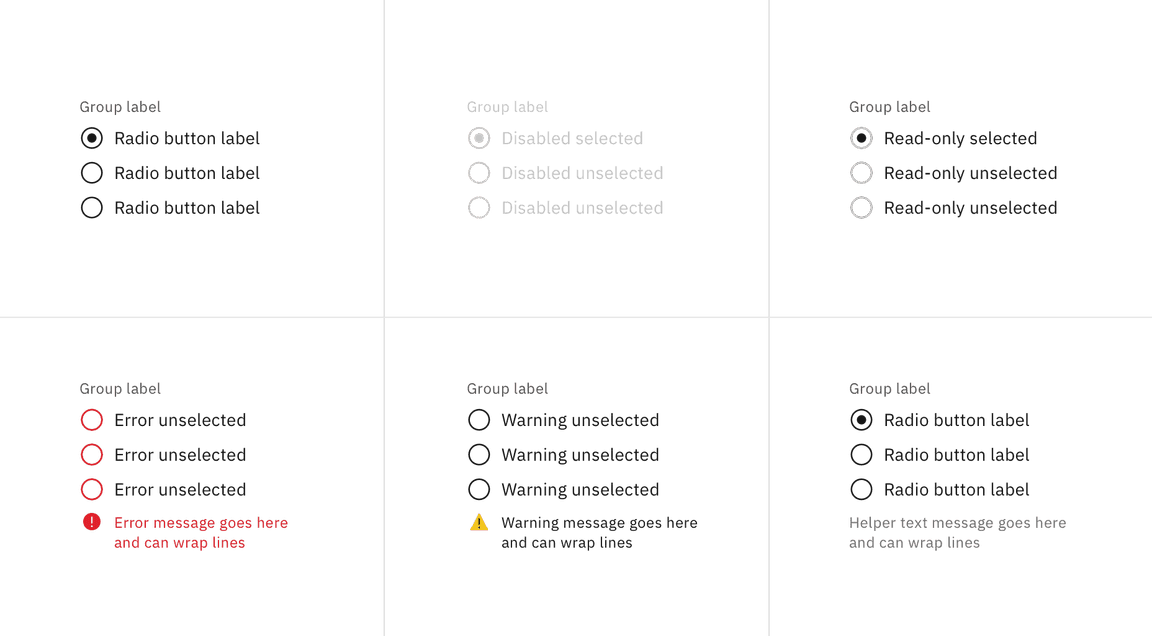 Examples of focus, disabled, read-only, error, and warning states